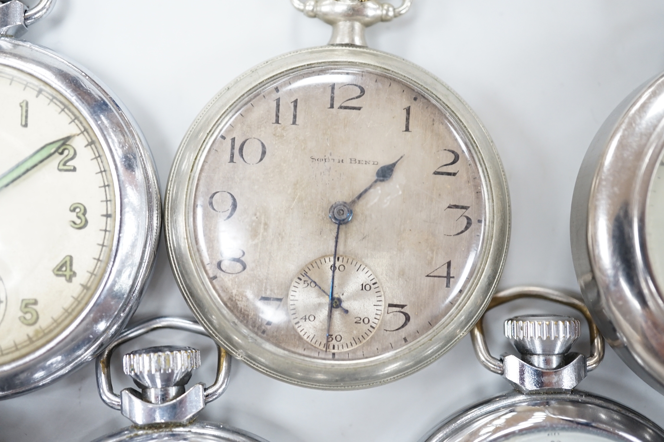 Ten assorted base metal pocket watches including Ingersoll football related, Smiths and Smiths Empire etc.